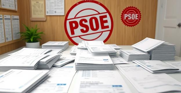 Una sala llena de documentos y facturas con dinero en efectivo y un sello del PSOE en el fondo