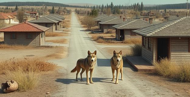Urbanización con casas y calles desiertas con cinco perros lobo checoslovacos deambulando libremente, algunos entrando en propiedades