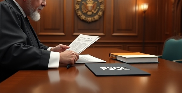 Una sala judicial con un juez examinando documentos, un bolígrafo y una carpeta con el logo del PSOE en la mesa