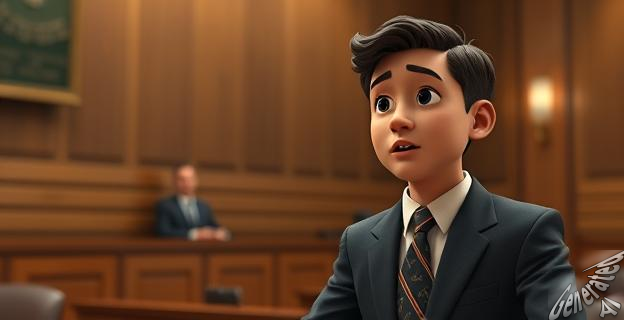 Un hombre joven con traje y corbata hablando en una sala de audiencias, con un hombre mayor al fondo.