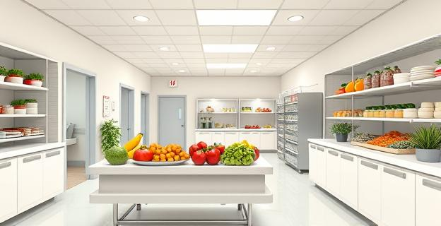 Imagen de un hospital con un menú saludable, sin ultraprocesados, con alimentos frescos y naturales, destacando la importancia de una alimentación saludable en centros de salud
