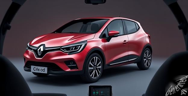 Imagen de un Clio 2025 con detalles de su diseño exterior e interior, destacando su pantalla de 10.1 pulgadas y su sistema de audio Harman Kardon.