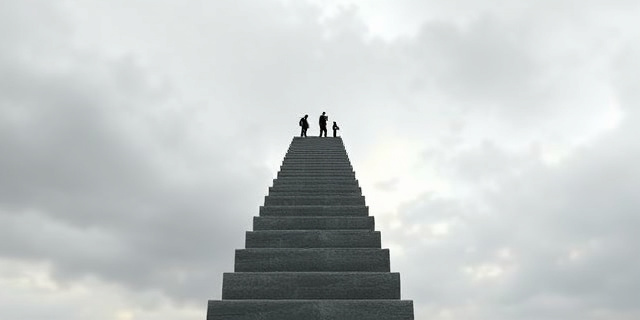 Una escalera que asciende hacia el cielo, pero a mitad de camino, se interrumpe abruptamente, dejando a los escaladores suspendidos en el vacío. El cielo es de un color gris opaco, simbolizando la incertidumbre. Estilo pictórico impresionista, con pinceladas sueltas y colores apagados. Sin figuras humanas reconocibles.