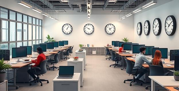 Oficina con empleados trabajando en sus escritorios, con relojes en la pared marcando diferentes horas, en un ambiente de trabajo flexible y moderno