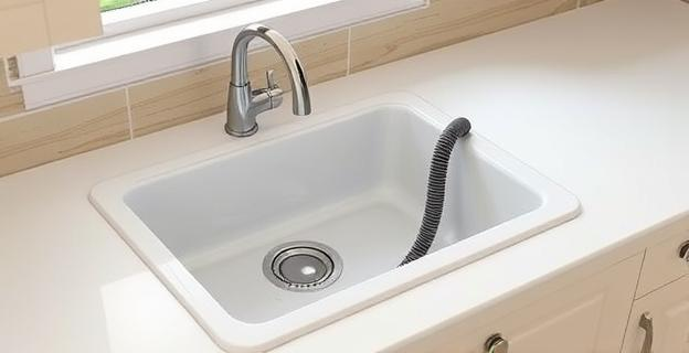 Una imagen de una cocina con un fregadero y un alambre de desatascar junto a él, sobre una encimera limpia