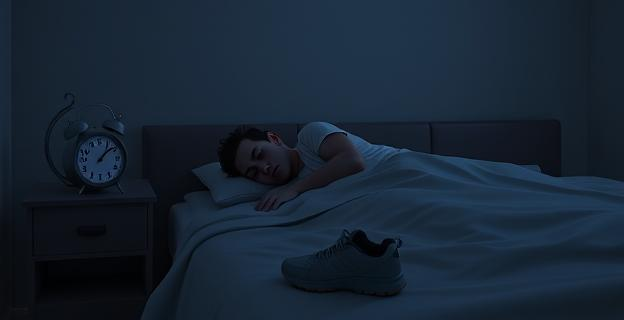 Imagen de una persona durmiendo en una cama con una habitación oscura y silenciosa, con un reloj despertador en la mesita de noche marcando las 3:00 AM, y una zapatilla de correr en el suelo