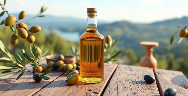 Una botella de aceite de oliva virgen extra sobre una mesa rústica de madera, con aceitunas frescas alrededor y un paisaje mediterráneo al fondo