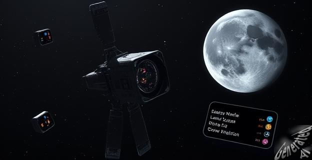 Una ilustración de la nave Orion en el espacio profundo con la Luna al fondo y una tarjeta de memoria con nombres de personas en primer plano.