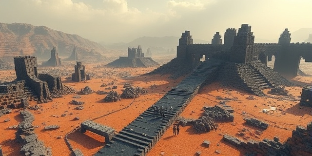 Una ilustración conceptual de un paisaje de Minecraft devastado y post-apocalíptico. Se ven ruinas de castillos de bloques flotantes, carreteras de obsidiana negras que cruzan un desierto de ceniza, y sombras de figuras digitales acechando entre los escombros. Estilo artístico digital oscuro, con contrastes fuertes y una atmósfera de desolación y caos.