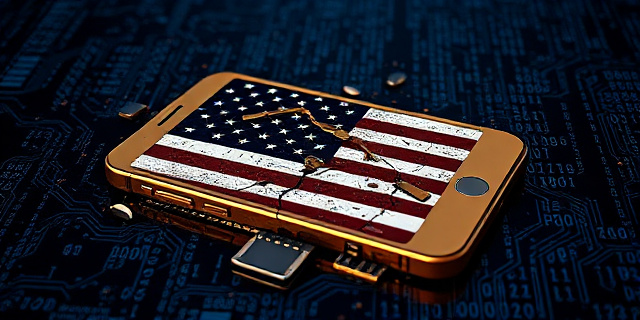 Imagen conceptual de un smartphone dorado roto, con circuitos expuestos que forman la silueta de una bandera estadounidense descolorida. El fondo es un mar de datos binarios desordenados. Estilo: arte digital, ciberpunk, tonos oscuros y neón.