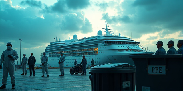 
  Una escena surrealista en un puerto: un crucero de lujo anclado bajo un cielo dramático, con figuras en trajes de protección desordenados (uno colgando de un brazo como un abrigo olvidado). Al fondo, un microbús militar con miembros del gobierno posando para fotos, mientras en primer plano, un contenedor de basura etiquetado como 