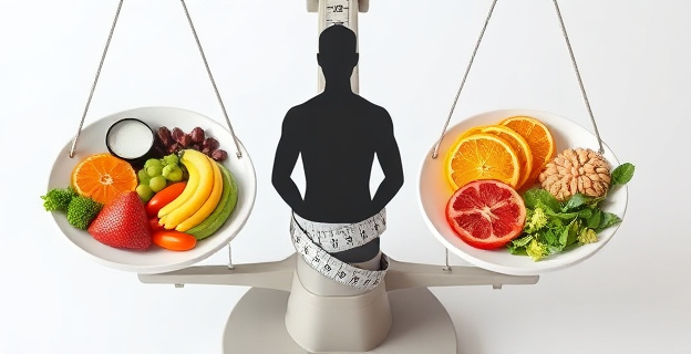 Una balanza con platos de comida saludable en un lado y alimentos procesados en el otro, con una cinta métrica alrededor de la cintura de una silueta humana en el centro.
