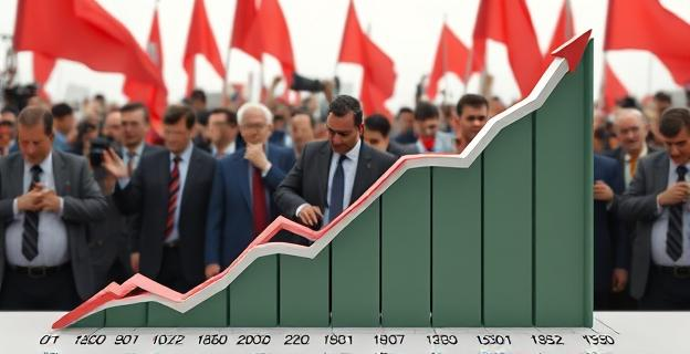 Imagen de un gráfico económico descendente con un fondo de manifestaciones y políticos en desacuerdo