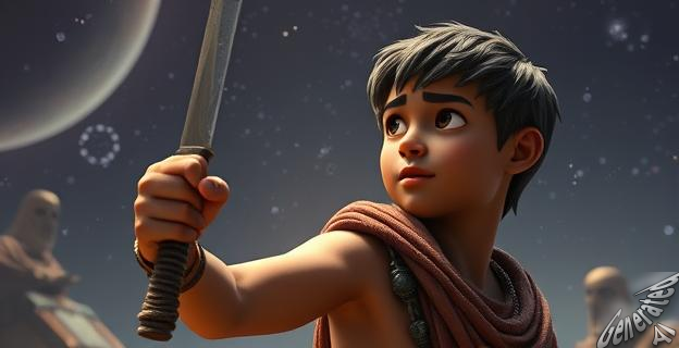 Una imagen de un joven esclavo con un destino heroico en una galaxia futurista, con elementos de ciencia ficción y animación.