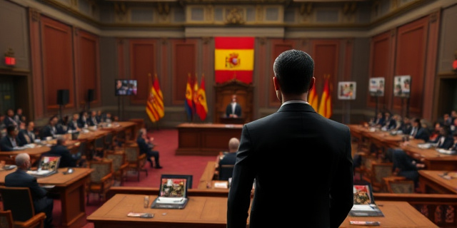 Una escena en el Congreso de los Diputados con mesas de debate, una figura masculina en traje oscuro frente a una audiencia, fondo con banderas y carteles de protestas, sin rostros identificables, estilo realista y dinámico