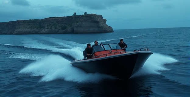 Una imagen de una lancha rápida acercándose a la costa, con varios hombres armados a bordo, mientras al fondo se ve un acantilado y una pequeña playa desierta. La escena está envuelta en una luz crepuscular que acentúa la sensación de peligro y clandestinidad.