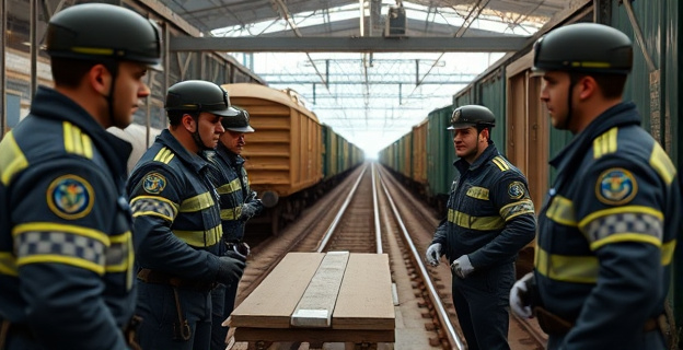 Una escena que muestra a agentes de la Guardia Civil inspeccionando material ferroviario en una base de mantenimiento, con un fondo de vagones y equipo ferroviario, y una atmósfera de seriedad y concentración