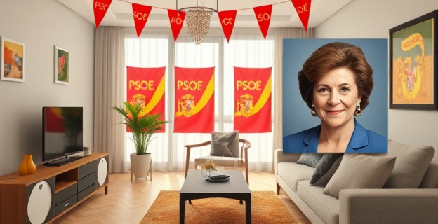 Una imagen de un piso en Zaragoza con un fondo de banderas del PSOE y un retrato de Pilar Alegría