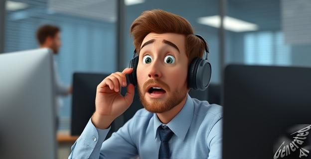 Un hombre en una oficina escuchando una grabación en un dispositivo de audio, con una expresión de sorpresa en su rostro.