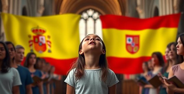 Imagen de una niña cantando en un coro en una iglesia con un fondo de banderas catalanas y españolas entrelazadas, simbolizando la controversia cultural y lingüística