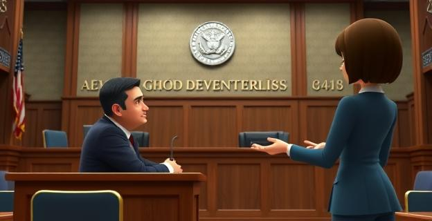 Una escena en un juzgado con un hombre sentado en el banquillo de los acusados y una mujer de pie, representando a Pilar Alegría, con un gesto de ofrecer dinero