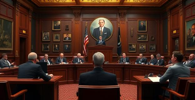 Una sala de reuniones en el Senado con miembros de la comisión investigadora y un testigo declarando