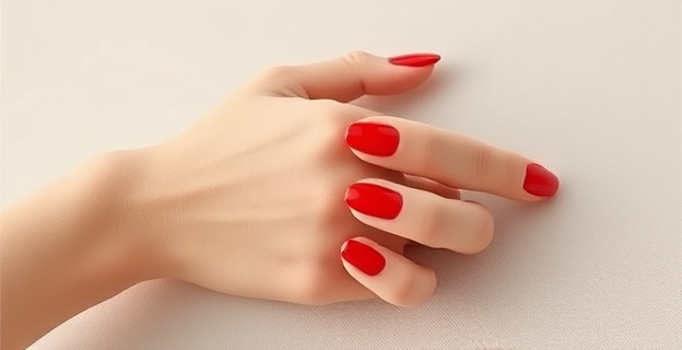 Una mano con uñas pintadas de rojo intenso sobre un fondo neutro, con un toque de elegancia y sofisticación