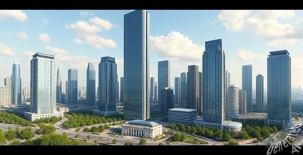 Imagen de un futuro skyline de Chamartín con varios rascacielos gigantescos, incluyendo uno de 240 metros de altura y 54 plantas, rodeados de zonas verdes y espacios públicos.