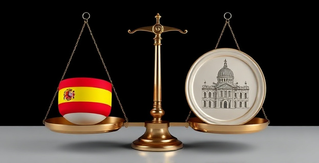 Una balanza desequilibrada con Cataluña y Madrid en los platillos, simbolizando la redistribución de la carga financiera entre las comunidades autónomas