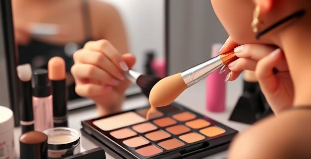 Imagen de una mujer aplicando maquillaje con brocha, mezclando base de maquillaje con leche hidratante en una paleta de maquillaje, con productos de belleza alrededor