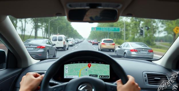 Un coche en una carretera secundaria congestionada con Google Maps en el salpicadero