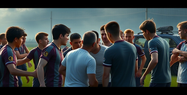 Una escena caótica en un campo de fútbol donde un grupo de hombres jóvenes de aspecto agresivo rodean a un padre y su hijo mientras otros intentan intervenir. Al fondo, se ve un coche con la puerta abierta y cristales rotos. La atmósfera es tensa y violenta.