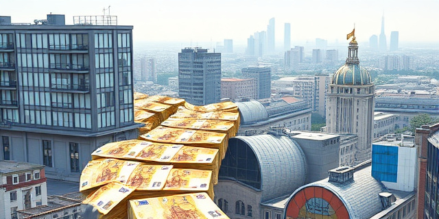 Ilustración conceptual de un edificio de oficinas con un río de billetes euros fluyendo sobre un horizonte urbano, sin caras ni texto, mostrando la burocracia como un río que no desemboca en el mercado