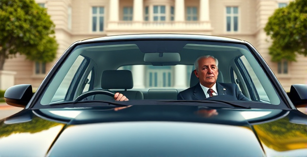 Imagen de un coche oficial del gobierno estacionado frente a un edificio gubernamental, con un conductor uniformado al volante y un hombre de unos cincuenta años, con traje y expresión seria, sentado en el asiento trasero.