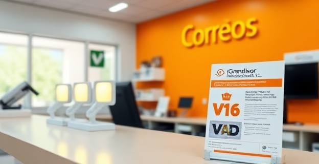 Una oficina de Correos con balizas V16 en un mostrador, junto a un folleto que destaca la oferta de la empresa Grandisor Internacional S.L.
