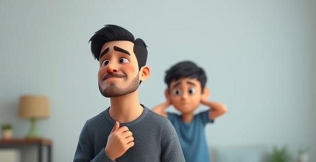 Imagen de un padre y un hijo en una habitación calmada, con el padre respirando profundamente mientras el hijo está frustrado en el fondo, sin mostrar enojo ni desesperación.