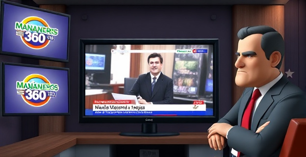 Un televisor mostrando una imagen distorsionada de una noticia con rótulos engañosos, rodeado de pantallas con logotipos de 