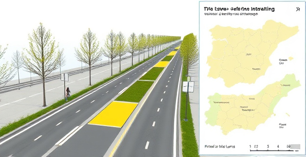 Imagen de una carretera urbana con carriles bici y zonas peatonales integradas, junto a un mapa interactivo mostrando las obras en diferentes regiones de España.