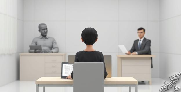 Una mujer sentada en una sala de interrogatorio con un juez y un abogado, mientras muestra un acta y un informe.