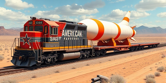 Una ilustración satírica y detallada de un tren de carga masivo atravesando un paisaje desértico de Wyoming. El tren lleva una locomotora estadounidense muy ornamentada con estrellas y motivos patrióticos. Sobre los vagones planos, se transporta una sección colosal de un cohete espacial blanco y naranja que domina la escena. Estilo de arte conceptual moderno, con colores vibrantes y un contraste marcado entre la maquinaria industrial ferroviaria y la tecnología aeroespacial futurista.