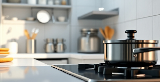 Una cocina limpia y organizada mientras se cocina, con utensilios brillantes y superficies relucientes. La escena transmite serenidad y control.