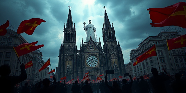 Una composición surrealista que representa una catedral gótica en un paisaje urbano caótico, con banderas ondeando y figuras sombrías protestando. El cielo está lleno de nubes tormentosas, pero un rayo de luz ilumina la silueta de una figura religiosa en la distancia. Estilo pictórico expresionista, colores vibrantes y contrastantes.