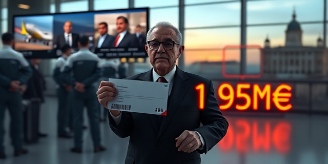 
  Una escena surrealista en un aeropuerto internacional al amanecer: un expresidente con maleta diplomática y traje elegante, pero con el billete de avión rasgado y un sobre judicial en las manos. Al fondo, una pantalla gigante muestra imágenes de un despacho registrado por policías con chalecos tácticos y, en otra pantalla, un gráfico financiero con flechas rojas que conectan cuentas bancarias, una aerolínea venezolana y un edificio con el logo de una petrolera estatal. La luz es fría, como la de un juzgado, pero con un toque de neón en los números (1.950.000€) que brillan como un letrero de neón en una calle oscura. Estilo: mezcla de fotografía documental y pintura expressionista, con colores desaturados excepto por los detalles clave (el billete, el sobre, los números).