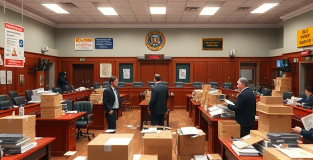 Una sala de juzgado en desorden, con papeles y cajas por todas partes, funcionarios y abogados confundidos y discutiendo entre sí, mientras al fondo se ven carteles desactualizados y señalética confusa.