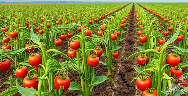 Un campo de tomates en Extremadura con un fondo de contenedores de tomate chino