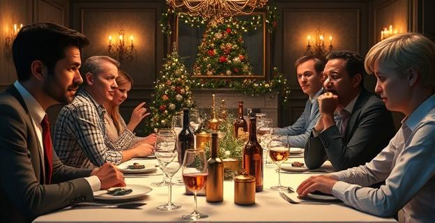 Una mesa de cena navideña con ropa formal e informal mezclada, con un ambiente tenso y personas con diferentes expresiones, reflejando incomodidad y autenticidad.