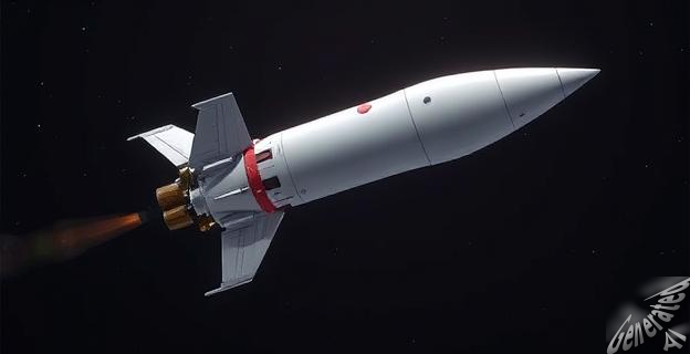 Ilustración de un cohete Xuanniao R de Nayuta Space aterrizando horizontalmente con superficies aerodinámicas y propulsores en acción