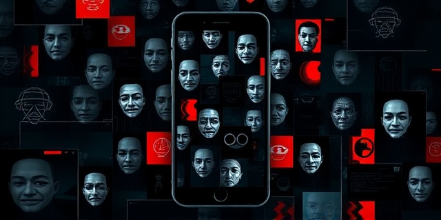 Ilustración digital, estilo pictórico, con tonos oscuros y contrastados. Un teléfono móvil antiguo, con una pantalla agrietada que muestra una red de cables y ojos que observan. En el fondo, siluetas abstractas que representan figuras políticas difuminadas. La atmósfera debe ser opresiva y sugerir vigilancia constante.
