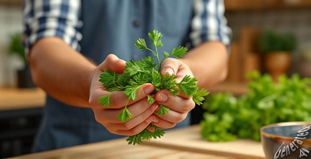 Una persona frotando perejil fresco en sus manos en una cocina