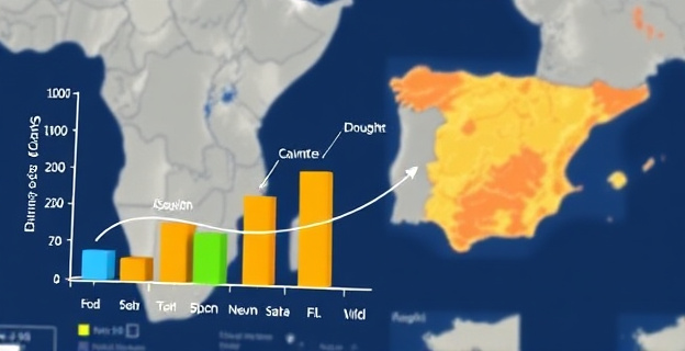 Una representación visual de un gráfico que muestra la distribución de fondos climáticos globales, con flechas que indican la dirección del flujo de dinero hacia diferentes países en desarrollo, mientras que en el fondo se ve un mapa de España con zonas de inundación y sequía.